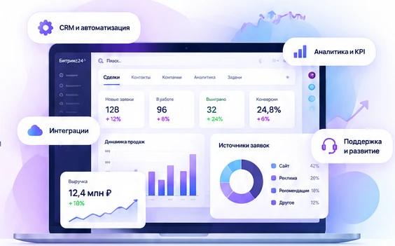 Иллюстрация ноутбука с CRM и аналитикой; показатели демонстрационные